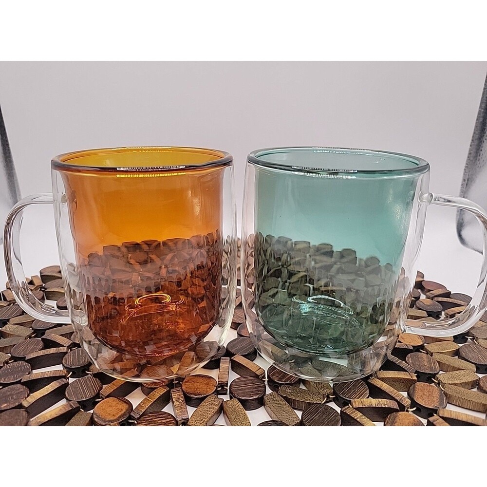 SET OF 2 Thermo Double Wall Clear Mugs Insulated Tea Coffee Cups 12 Oz